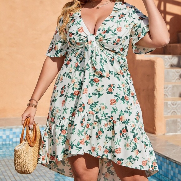 Boho PLUS Floral Front Tie Ruffle Yellow Dress - Picture 3 of 6